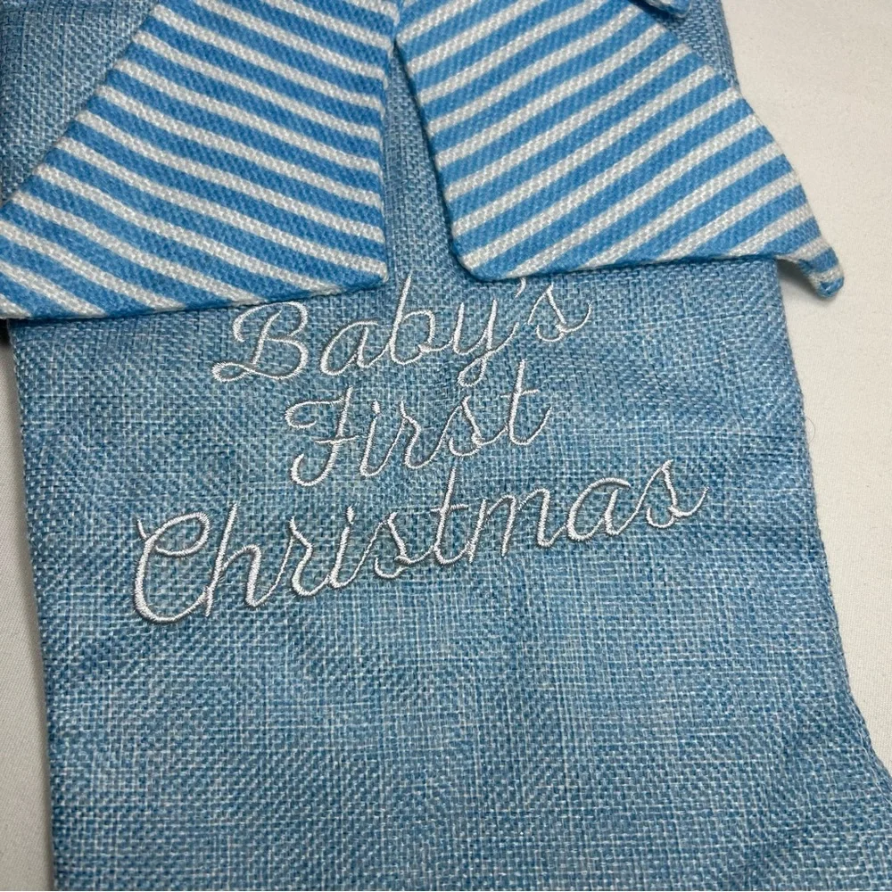 Holiday Living Babys First Christmas Embroidery Burlap Light‎ Blue Stocking